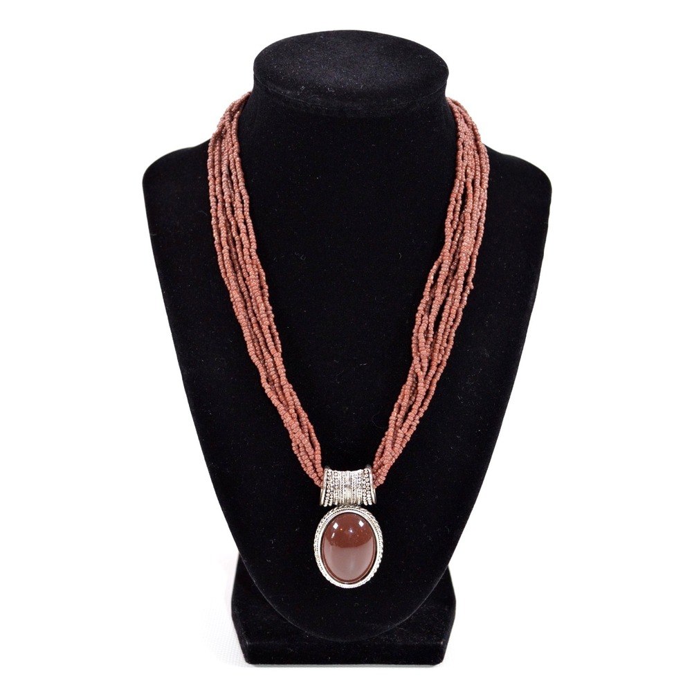 Silver‎ Tone Multi Strand Brown Bead Necklace w/ Pendant 21"